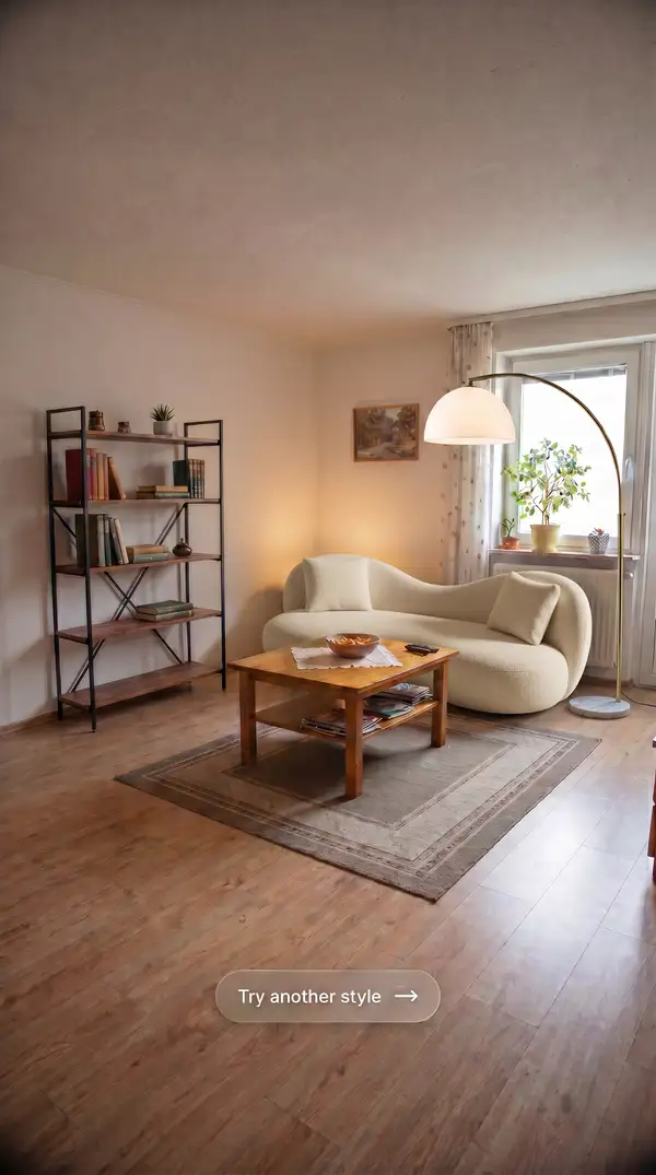 AI keyframe: bouclé sofa styling of the same living room