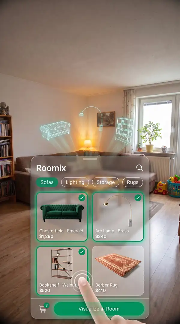 AI keyframe: three catalogue products selected, holograms above the room