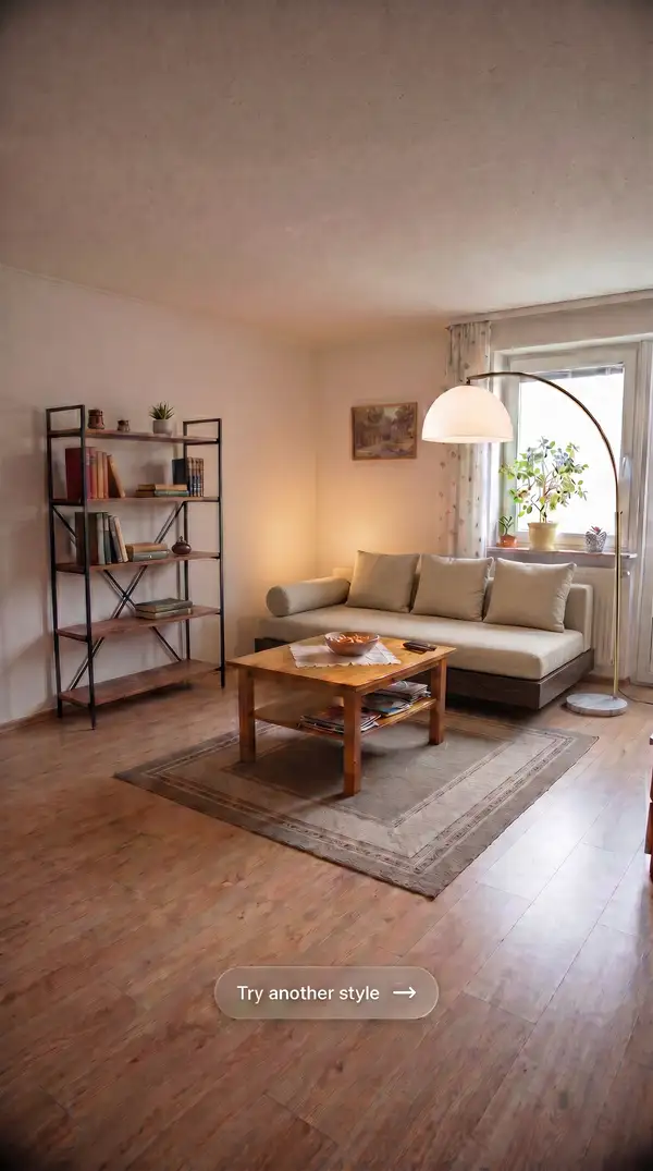 AI keyframe: Japandi platform sofa in the same living room