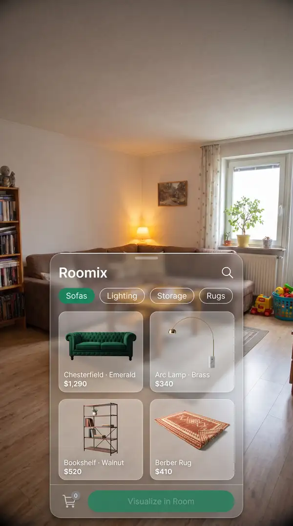 AI keyframe: frosted-glass storefront panel over the living room