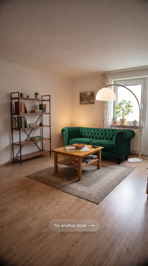 AI keyframe: emerald Chesterfield sofa materialized into the room