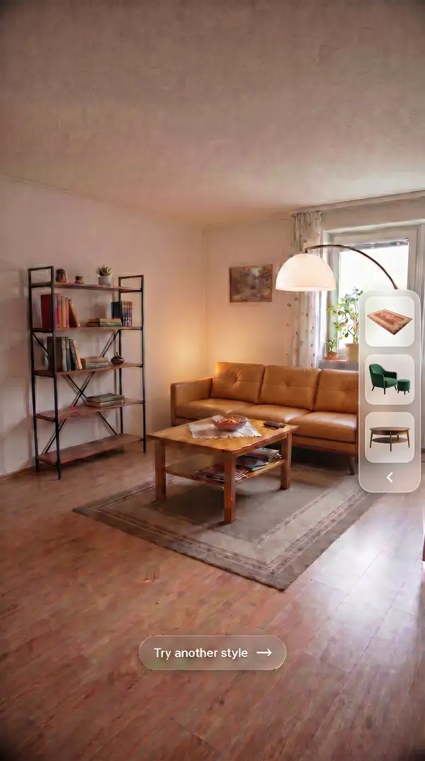AI keyframe: cognac mid-century sofa with the style dock docked